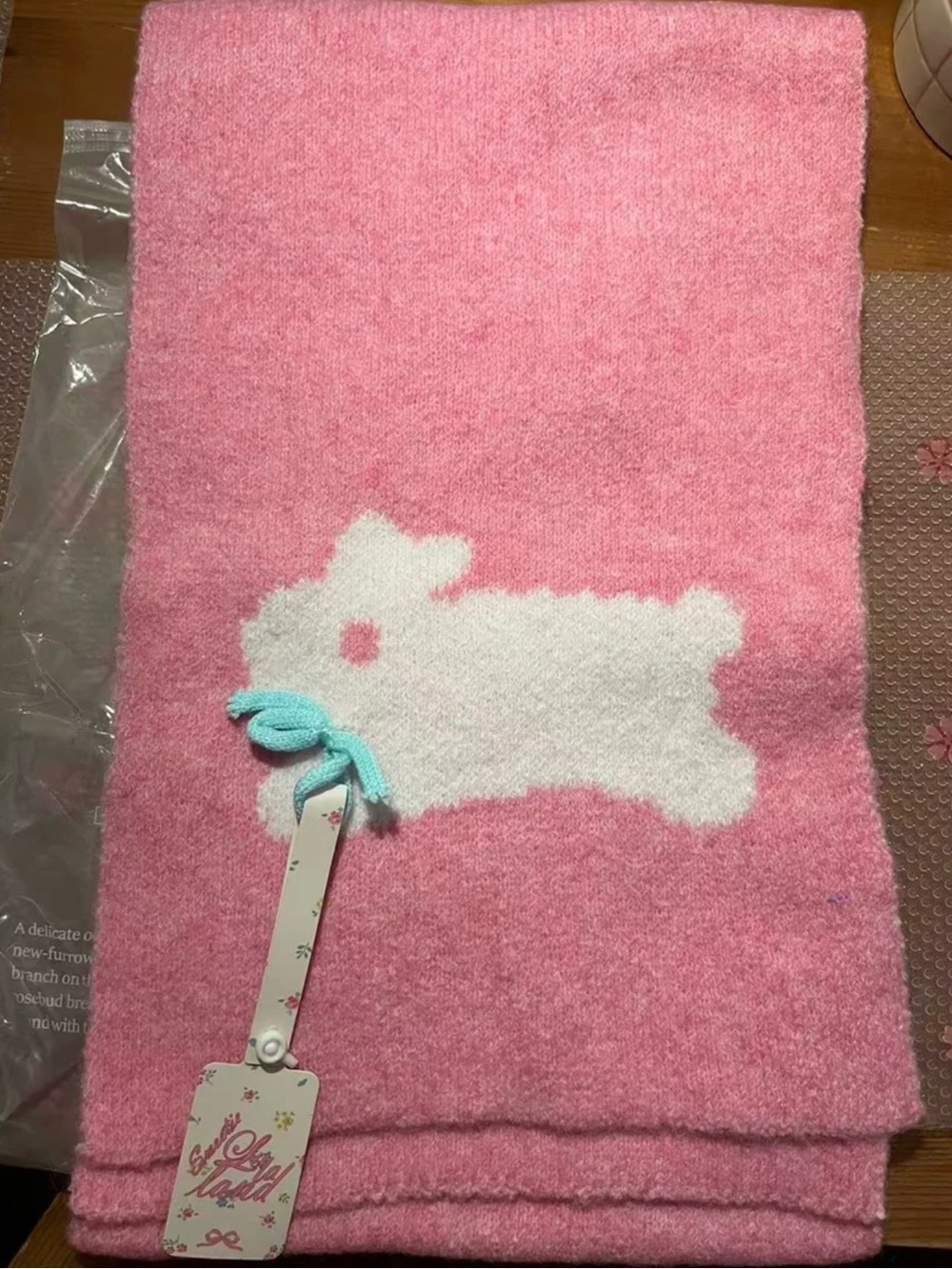 Pink Bunny Plush Scarf - White Bunny Motif